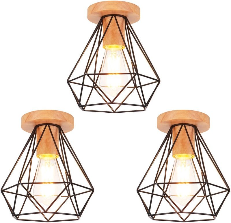 Thumbnail - Axhup - 3x Diamant Deckenlampe Metall Hölzern Leuchter Moderne E27 Deckenleuchte für Schlafzimmer Badezimmer Korridor Sc...