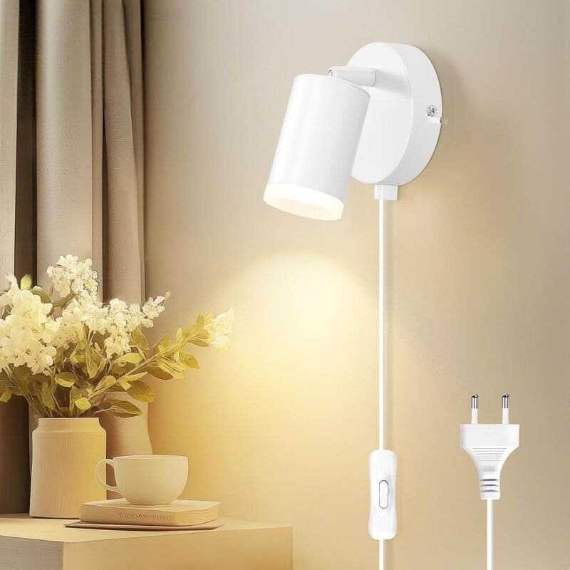 Wandleuchte mit Stecker und Schalter - LED Wandlampe Innen GU10 Matt Weiß Rund Drehbare 350°- Wandleuchte mit Kabel für ...