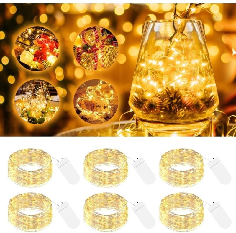 Thumbnail - 6er Pack LED-Lichterkette mit Batterie, klein, 2 m, 20 LEDs, Silberdraht, Mini-Lichterkette, batteriebetrieben, Mikrodra...