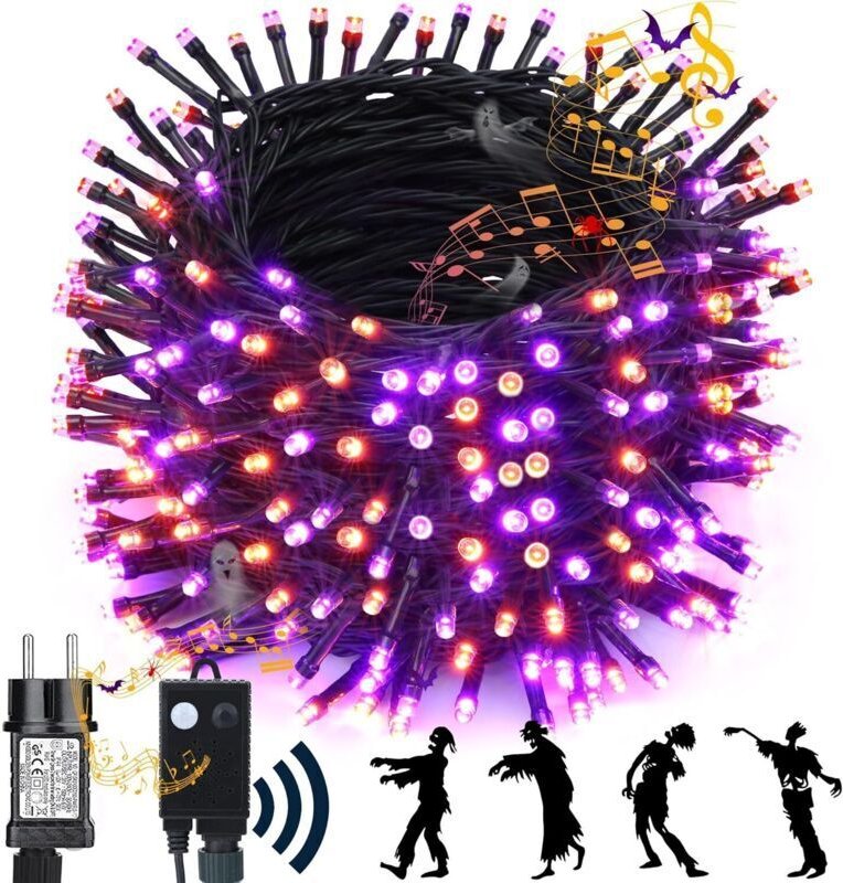 Halloween-Lichterkette für draußen, 22 Meter lang, wasserdicht, 200 LEDs, orange und lila, perfekt für Gärten, Vorhänge,...