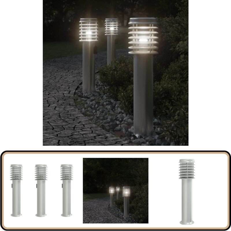 Wegeleuchten mit Steckdose 3 Stk. Silbern 60 cm Edelstahl - Gartenlampe - Außenstehleuchte - LED-Lampe - Edelstahl Lampe...