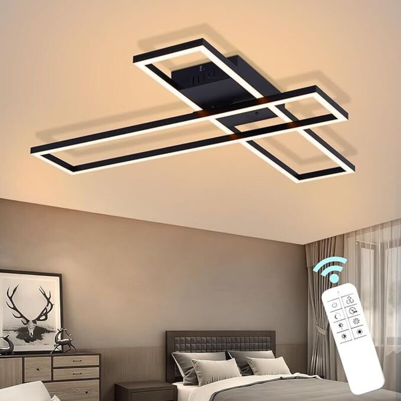 GBLY LED Deckenlampe Wohnzimmer 42W Stufenlos Dimmbar Schwarz Modern Rechteck Design Für Schlafzimmer Küche Büro