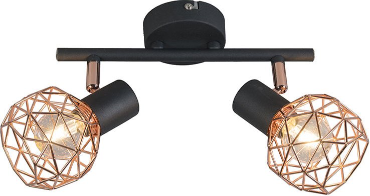 Moderner Deckenstrahler schwarz mit zwei kupfernen Lampenschirmen - Mesh 2