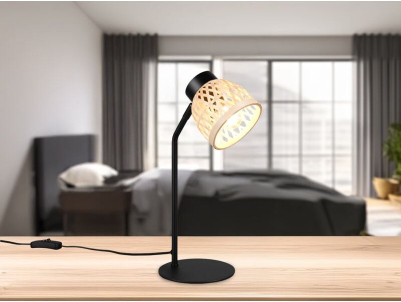 Led Schreibtischleuchte mit Korb Lampenschirm aus Bambus, Höhe 36cm