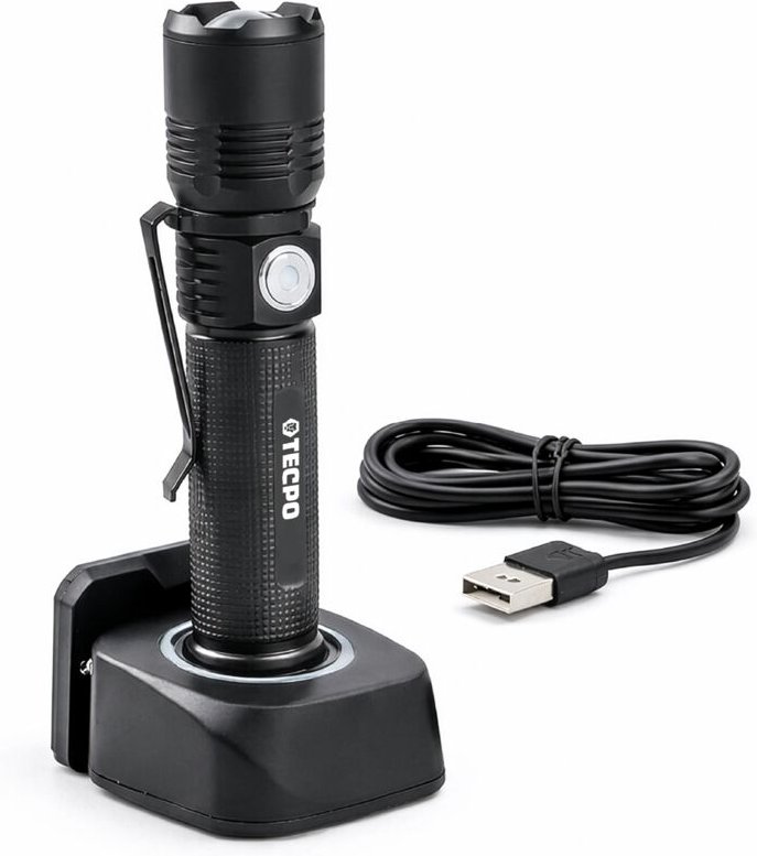 TECPO Taschenlampe 600 Lumen 7500K 250 Meter Leuchtweite 2600 mAh Akku Lampe
