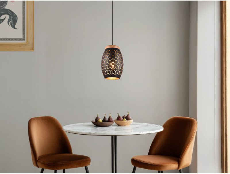 Meinewunschleuchte - Kleine led Pendelleuchte in Schwarz/Gold mit ausgefallenem Stanzmuster, ø 15cm