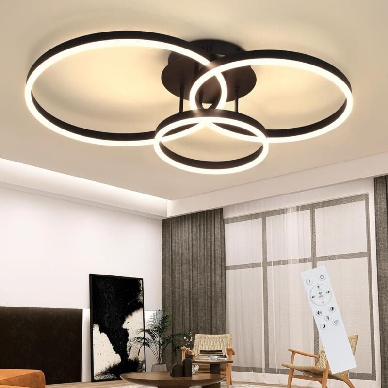 Deckenlampe led Deckenleuchte Wohnzimmer - Schwarz Dimmbar 82CM Wohnzimmerlampe mit Fernbedienung 74W mit 3 Ringen Desig...