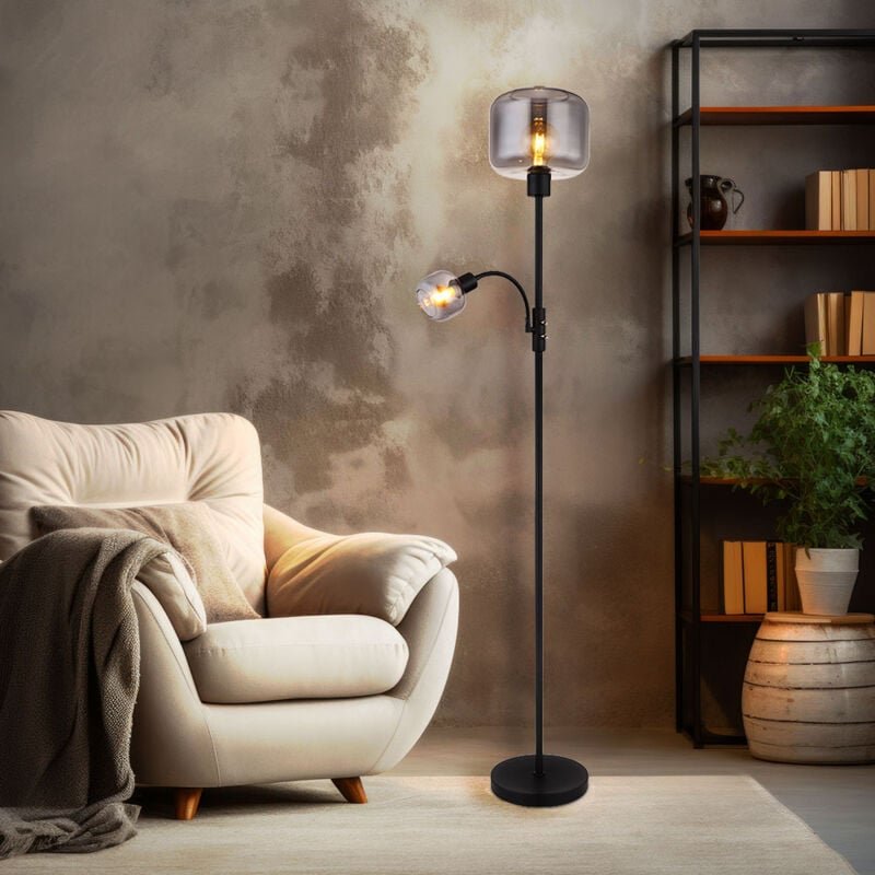 Stehlampe Rauchglas Stehleuchte Wohnzimmerlampe Leseleuchte Flexo, Metall Glas schwarz, Licht getrennt schaltbar, 1x E14...
