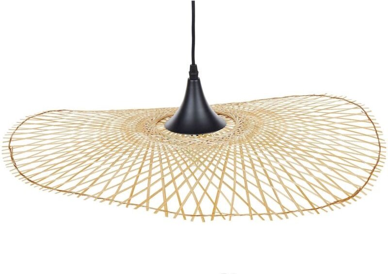 Hängeleuchte heller Holzfarbton 128 cm aus Bambusholz/ Metall mit gebogenem Lampenschirm für Wohnzimmer Esszimmer Modern...