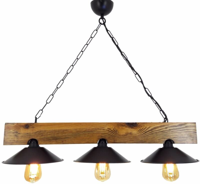 Rustikale Hängeleuchte mit 3 Lampen aus Holz und Schwarz enola