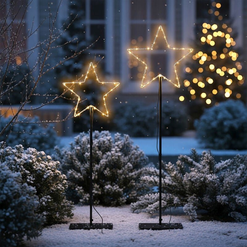 Leuchtstern Gartenstecker 2er Set für Außen mit Timer - 125 cm + 90 cm - Metall Stern Beetstecker schwarz mit 130 LED wa...