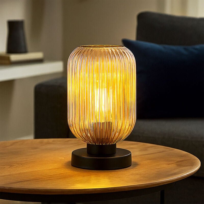Tischleuchte Tischlampe Nachttischleuchte Wohnzimmerlampe amber schwarz Schlafzimmerleuchte, Metall Glas, Kabelschalter,...