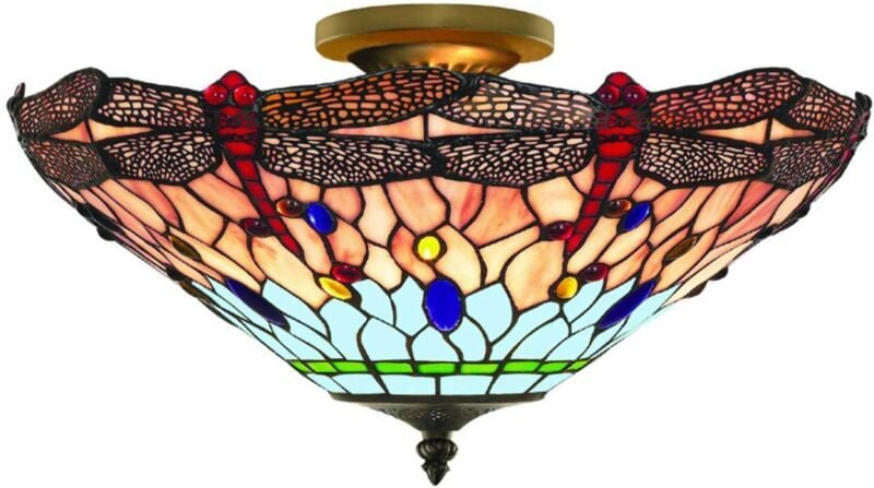 Eglo - Searchlight Dragonfly - 3 Light Semi Flush Deckenleuchte Antik Messing, Tiffany Glas, Rot, Blau, E14