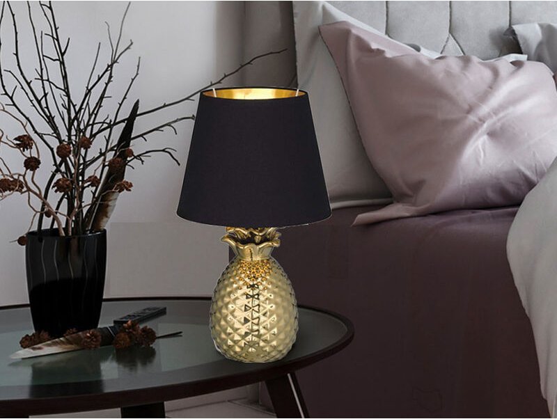Meinewunschleuchte - led Tischleuchte Keramik Ananas Gold mit Stoffschirm Schwarz Gold, Höhe 43cm