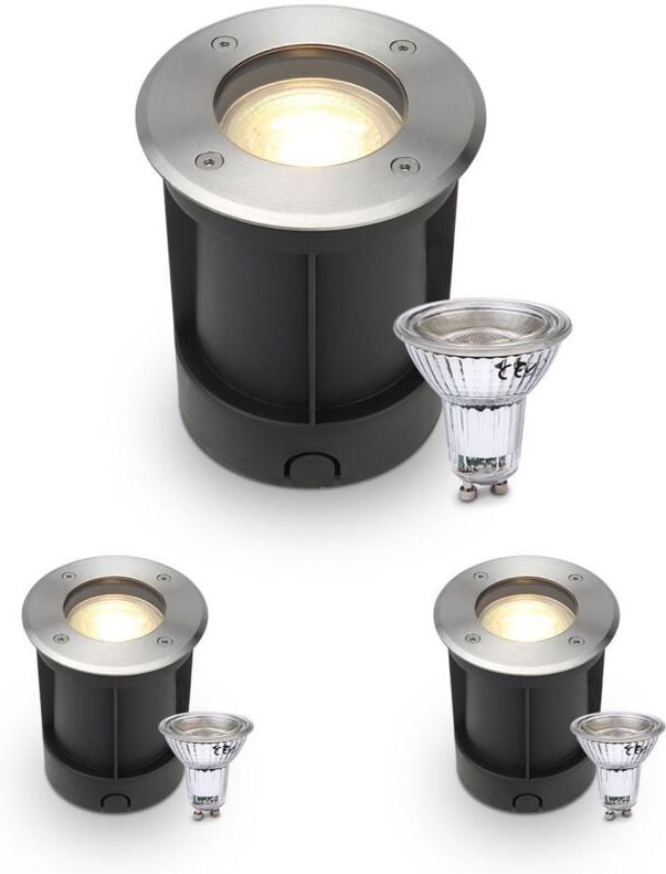 LED Bodeneinbaustrahler rund Edelstahl 230V IP67 - Leuchtmittel: GU10 5W 2700K DIMMBAR - Anzahl: 3x