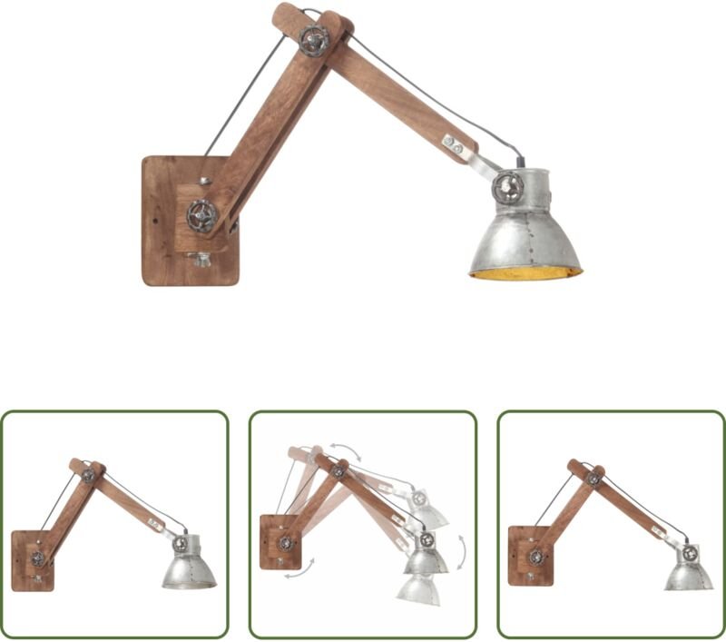 vidaXL Wandlampe mit Holzarm - Wandleuchte Industrie-Stil Silbern Rund E27