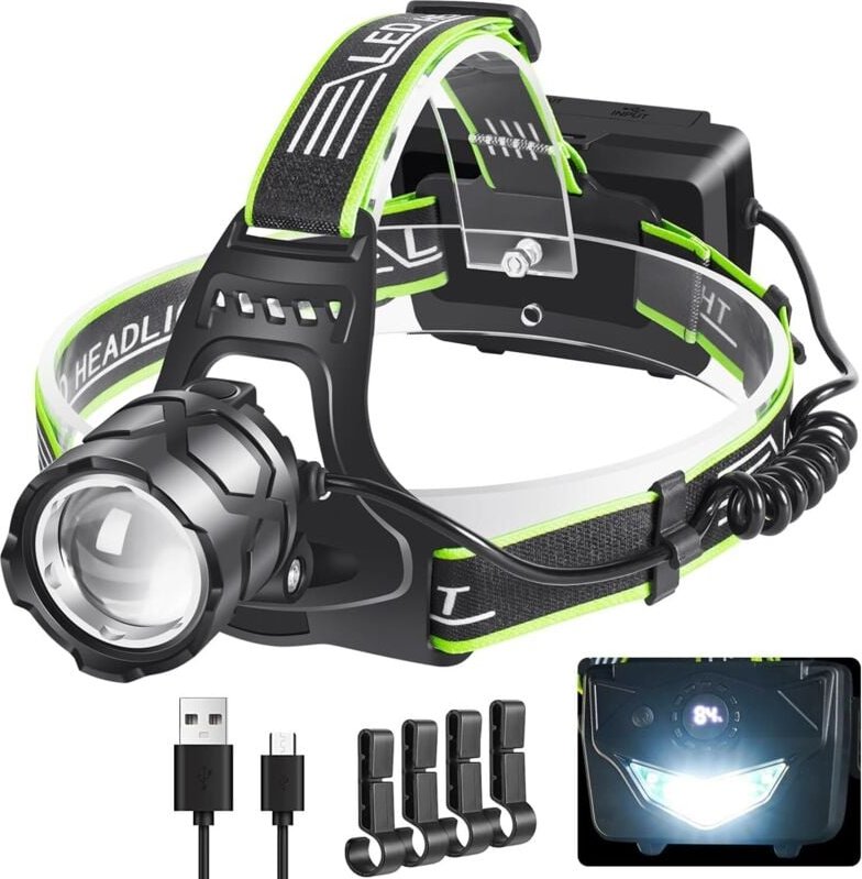 Wiederaufladbare LED-Stirnlampe, ultrastarke 90.000-Lumen-LED-Taschenlampe, 5 Modi mit rotem Rücklicht, 9.000 mAh, per U...