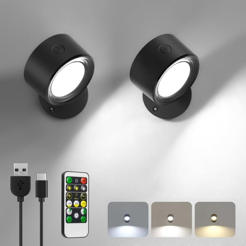 LED Wandleuchte Innen, 2 Stück Akku Wandlampe mit Fernbedienung Kabellos Leselampe, 3 Farbmodi Dimmbar Nachttischlampe W...