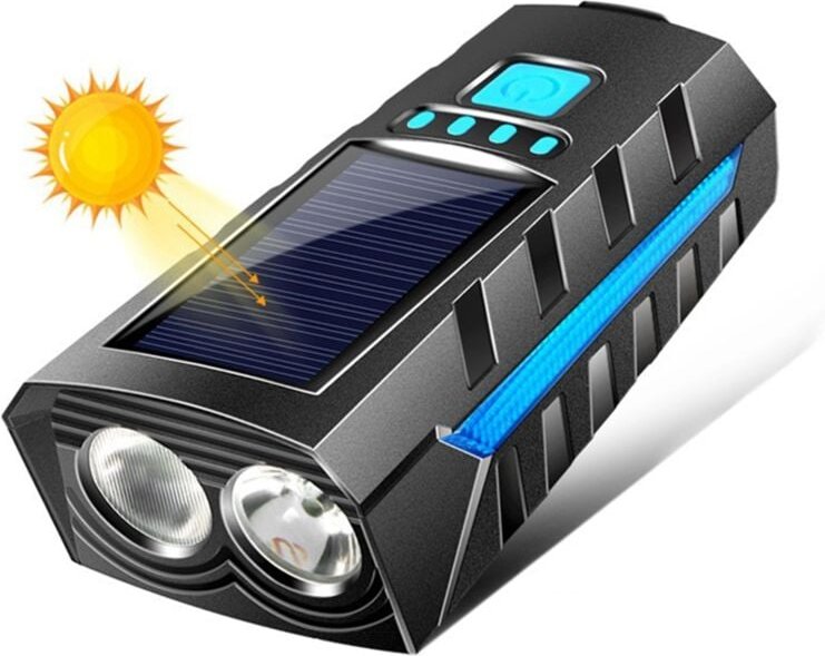 Solarbetriebenes Fahrrad-Frontlicht mit 130 dB Hupe, LED-Fahrrad-USB-aufladbare Fernlicht-Taschenlampe