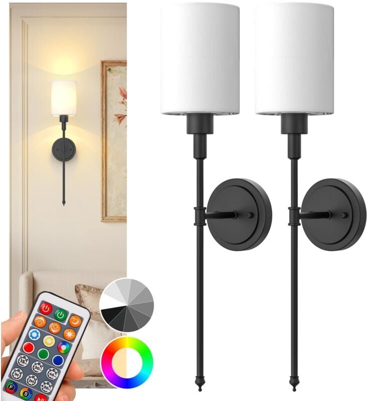 Wandlampe mit Fernbedienung Zylinderförmiger Stoffschirm Mattschwarz 2er Pack mit Aufladebirne