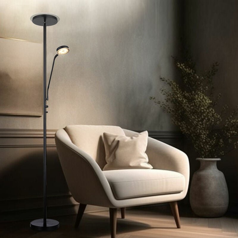 Stehlampe Standleuchte led Deckenfluter Flexo Wohnzimmer Stehleuchte Dimmer mit Leselicht, Metall schwarz, 1x led 18W 14...