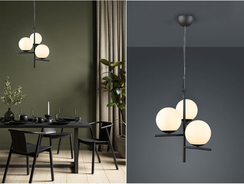 Meinewunschleuchte - led Pendelleuchte 3-flammig Schwarz mit Kugel Lampenschirmen Glas Weiß, ø 40cm