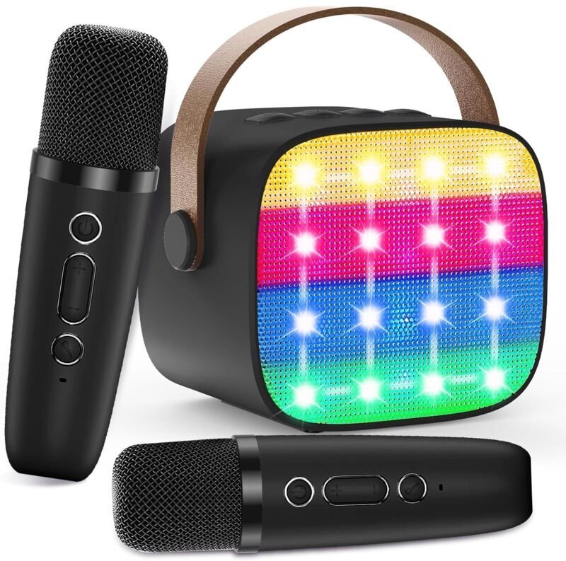 Karaoke-Maschine für Kinder mit 2 kabellosen Mikrofonen – Tragbarer Bluetooth-Lautsprecher, Stimmverzerrer, LED-Beleucht...
