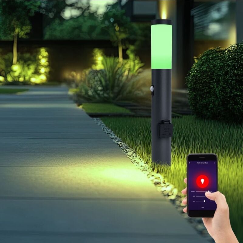 Smart led Außenleuchte dimmbar Stehleuchte mit Bewegungsmelder Edelstahl anthrazit, Farbwechsel, mit 2 Steckdosen, IP44,...