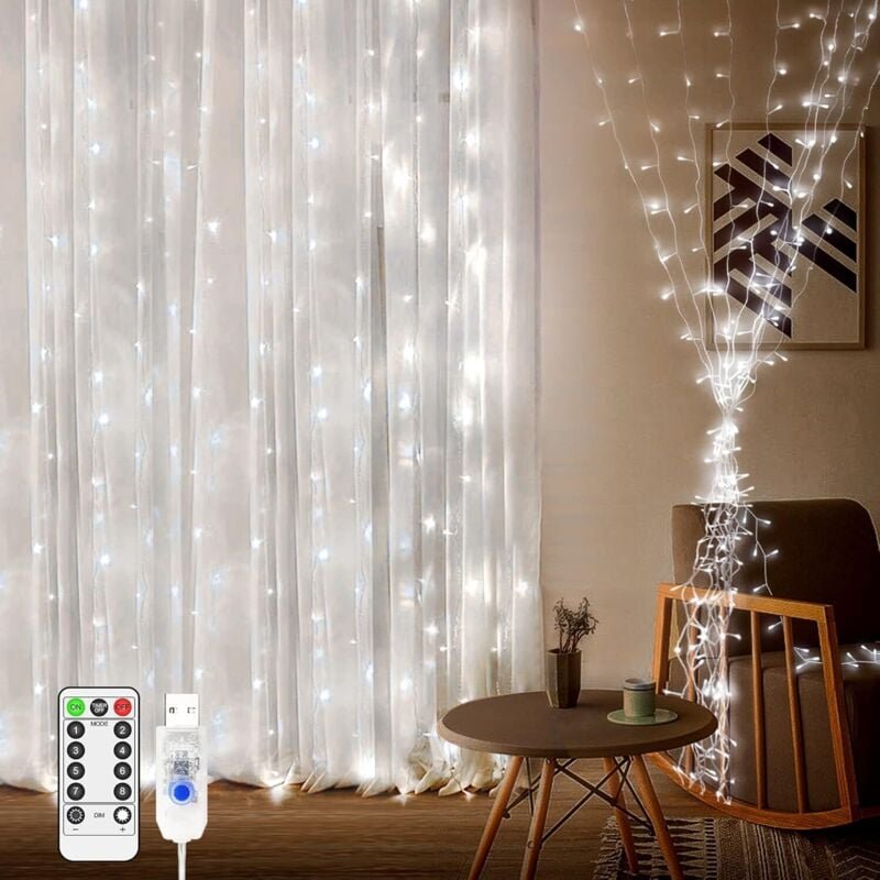 Vorhang-Lichterkette 200 LED 2m x 2m Weihnachtsbeleuchtung Wasserdicht USB-betrieben 8 Modi und ferngesteuerte Lichterke...