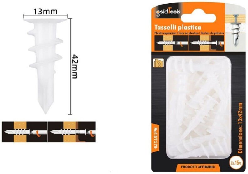 Trade Shop Traesio - Trade Shop - set 15 tassell pezzzen in plastic tassello fischer fissaggio viti 13X42 mm 57179 -