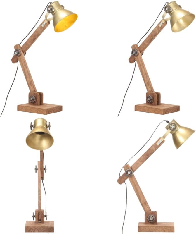 Schreibtischlampe Industriestil Messing Rund 58x18x90 cm E27 - Messing Lampe - Holz Lampe