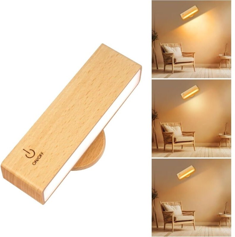 Kabellose Wandleuchte aus Holz für den Innenbereich, 4000 mAh USB-Akku, einstellbare Helligkeit, 360° drehbare Touch-Bed...