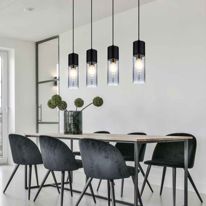 Hängeleuchte Pendellampe Esszimmerleuchte Wohnzimmerlampe Küchenleuchte, 4-Flammig, Glas Metall schwarz rauch, E27, h 15...