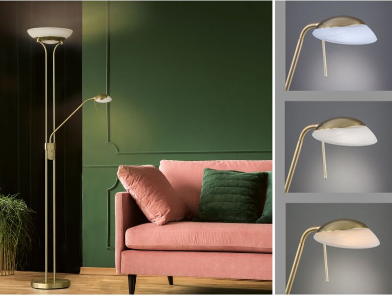 Led Deckenfluter pool Messing mit Leselampe dimmbar, Höhe 182cm