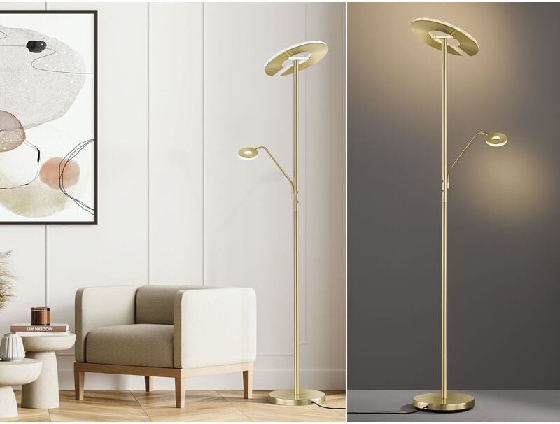 LED Deckenfluter DENT Messing mit Leselampe dimmbar, Höhe 180cm