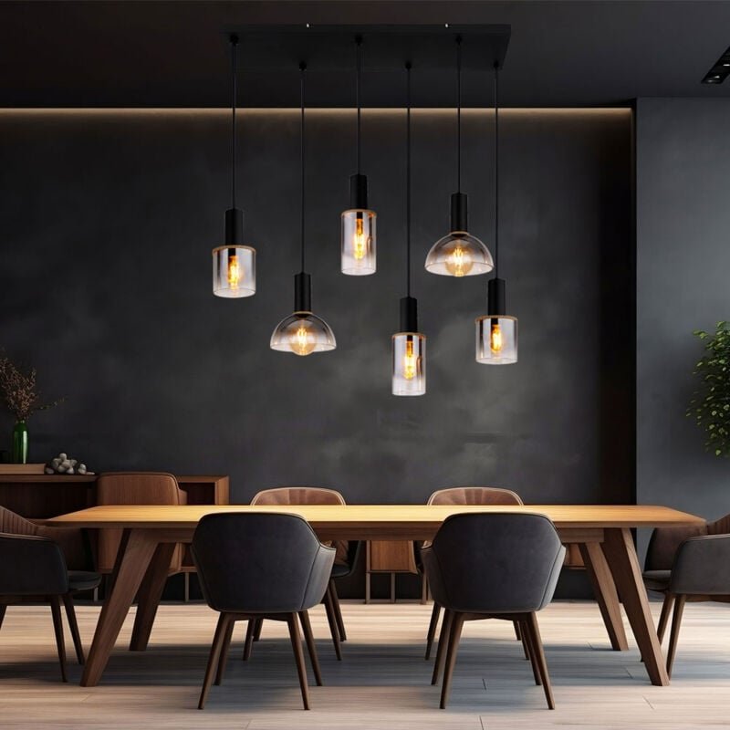 Hängelampe Pendelleuchte Esszimmerleuchte Wohnzimmerlampe, Metall Glas rauchfarben, 6x E27 Fassungen, LxBxH 77x33x120 cm