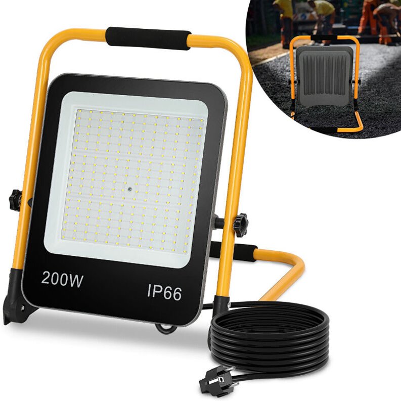 Jiubiaz LED Baustrahler Arbeitsleuchte 200W 16000LM Kaltweiß LED Fluter mit 3M Kabel und Wasserdicht IP66 Strahler für I...