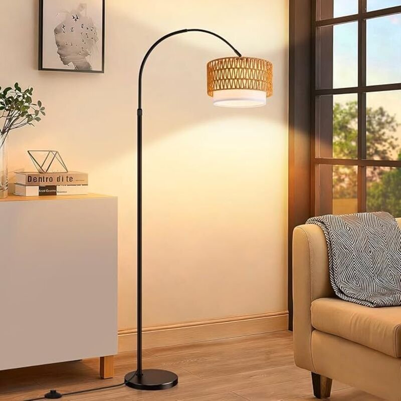 GBLY Bogenlampe Rattan Stehlampe Wohnzimmer Boho Vintage Dimmbar Fernbedienung E27 LED 9W 165-180cm Höhenverstellbar Sch...