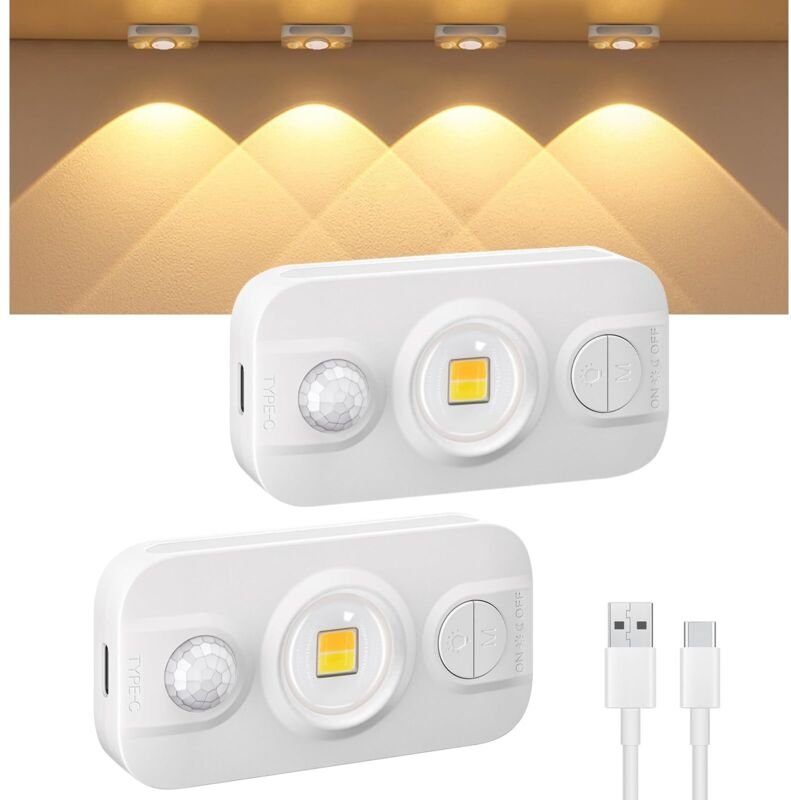 Set mit 2 Mini-LED-Unterbauleuchten für die Küche mit Bewegungsmelder, USB-C-wiederaufladbar, warmweißes LED-Licht, dimm...