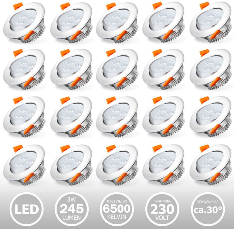 Randaco LED Einbauleuchte 3W schwenkbar Deckenstrahler 85mm für Küche Bad Wohnzimmer Kaltweiß 6500K 20 Stück