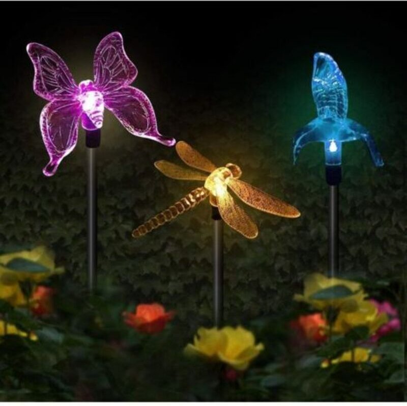 Set mit 3 Solar-Gartenleuchten in Form von Schmetterling, Kolibri, Libelle, Solar-LED, mehrfarbig