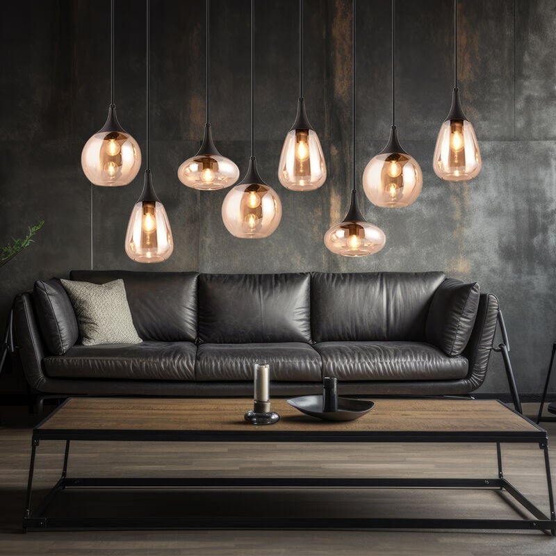 Pendelleuchte Glas 8 flammig Esstischlampe schwarz Hängeleuchte Esszimmer Glas amber, unterschiedliche Lampenschirme, 8x...