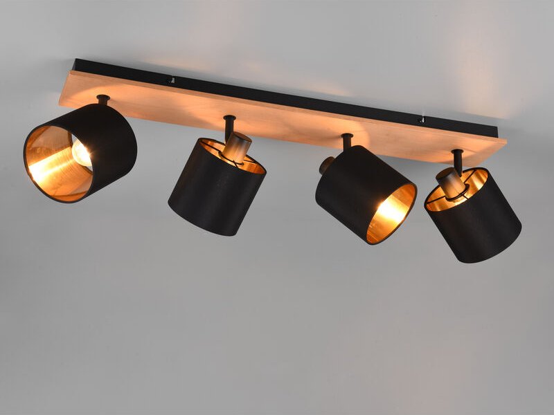 Reality Leuchten - Deckenstrahler tommy 4-flammig Holz, Stoffschirme Schwarz Gold, Breite 70cm