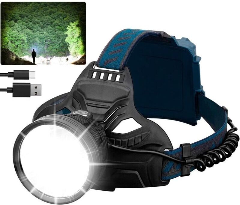 Wiederaufladbare LED-Stirnlampe, extrem leistungsstarke 50.000 Lumen LED-Taschenlampe mit 4 Leuchtmodi und rotem Rücklic...