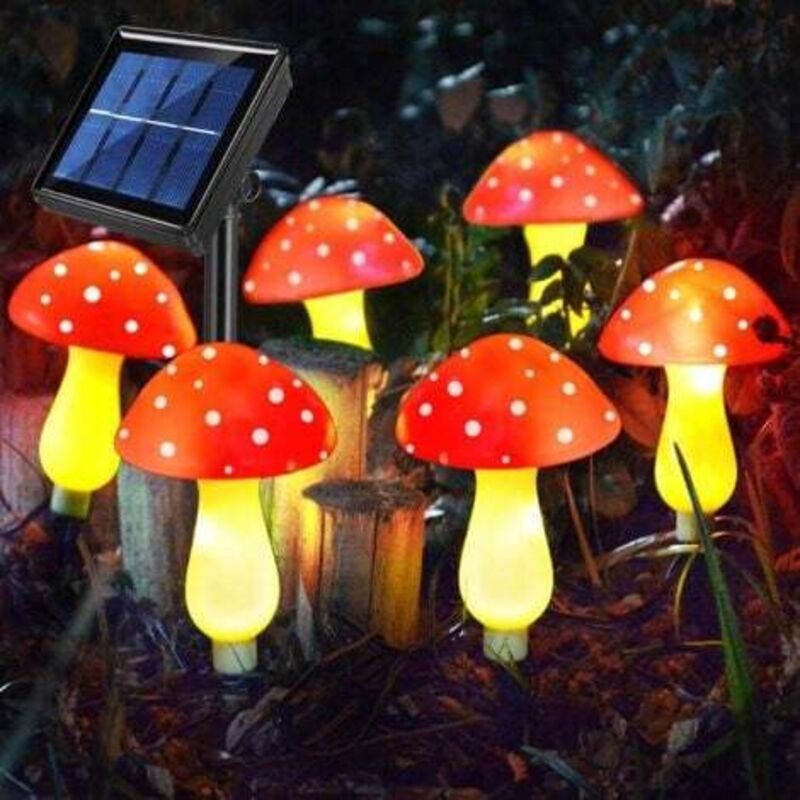 【6 Lichter】Solar-LED-Außenbeleuchtung in Warmweiß mit roten Pilzen