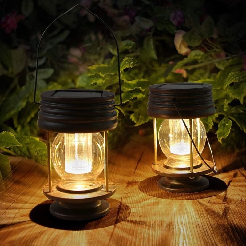 Set mit 2 hängenden Solar-Gartenlaternen – Vintage-LED-Solar-Hängeleuchten mit Griff für Einfahrt, Hof, Terrasse, Baum, ...