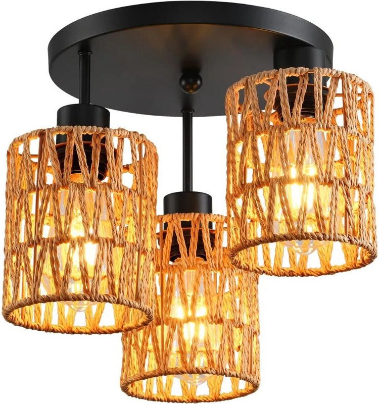 3-flammiger Rattan-Kronleuchter – Handgeflochtene Pendelleuchte im Bohème-Stil, rustikaler Look für Wohnzimmer, Esszimme...