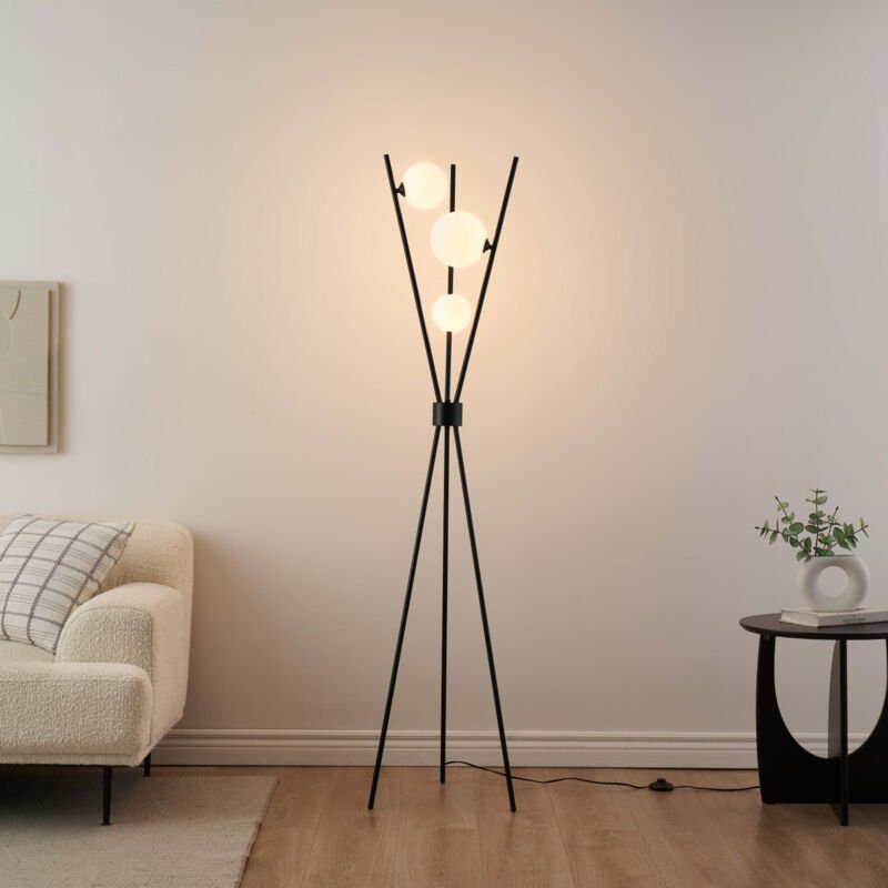 Kosilum - Schwarze dreibeinige Design-Stehlampe mit weißen Kugeln - Phoebe