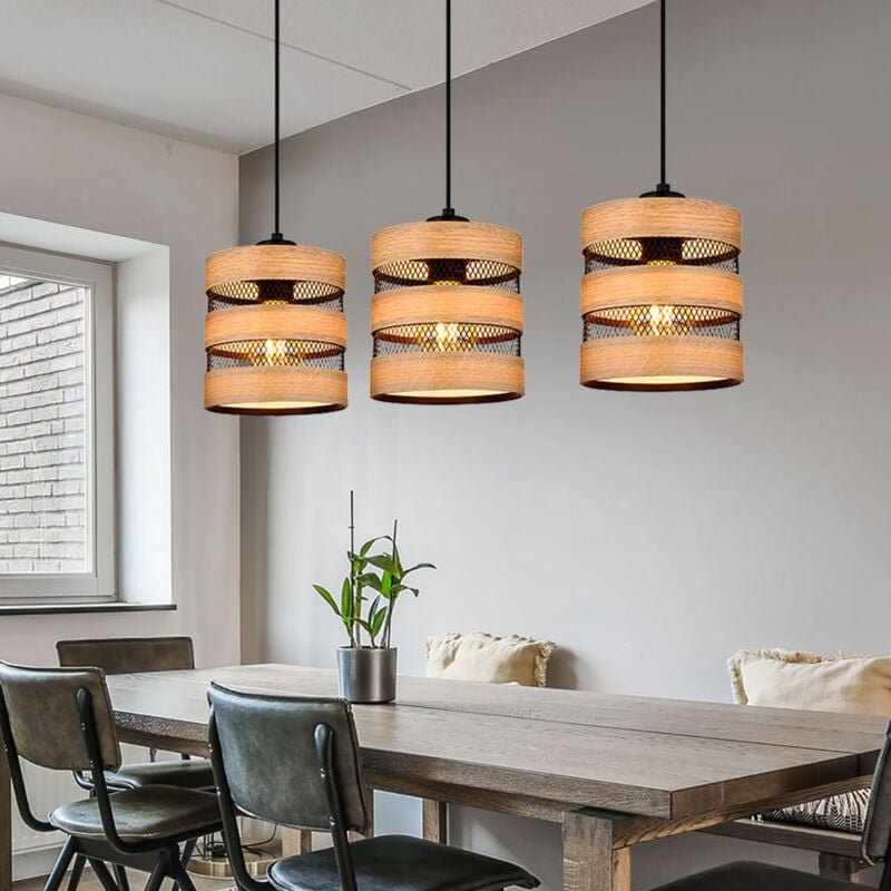 Pendellampe Hängelampe Wohnzimmerleuchte hängend Holzoptik Gitter schwarz Pendelleuchte rund 3 Flammig, Metall MDF, Fass...