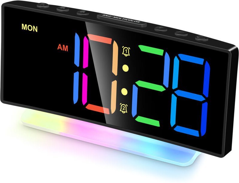 Gebogener digitaler LED-Wecker mit RGB-Beleuchtung, Doppelalarm, 12/24-Stunden-Format, einstellbarer Helligkeit (Netztei...